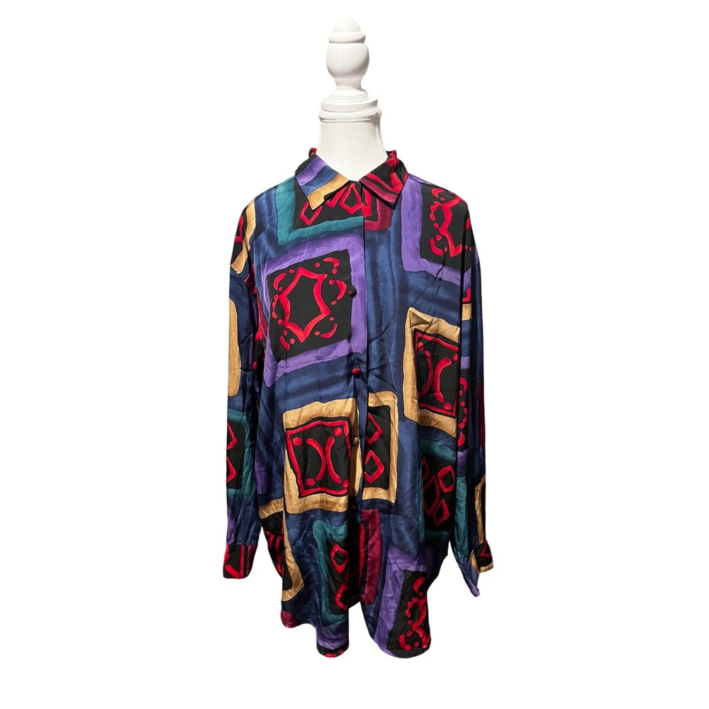 Abstract Print Button Up Shirt Retro Colorful Vintage Le Caviar L